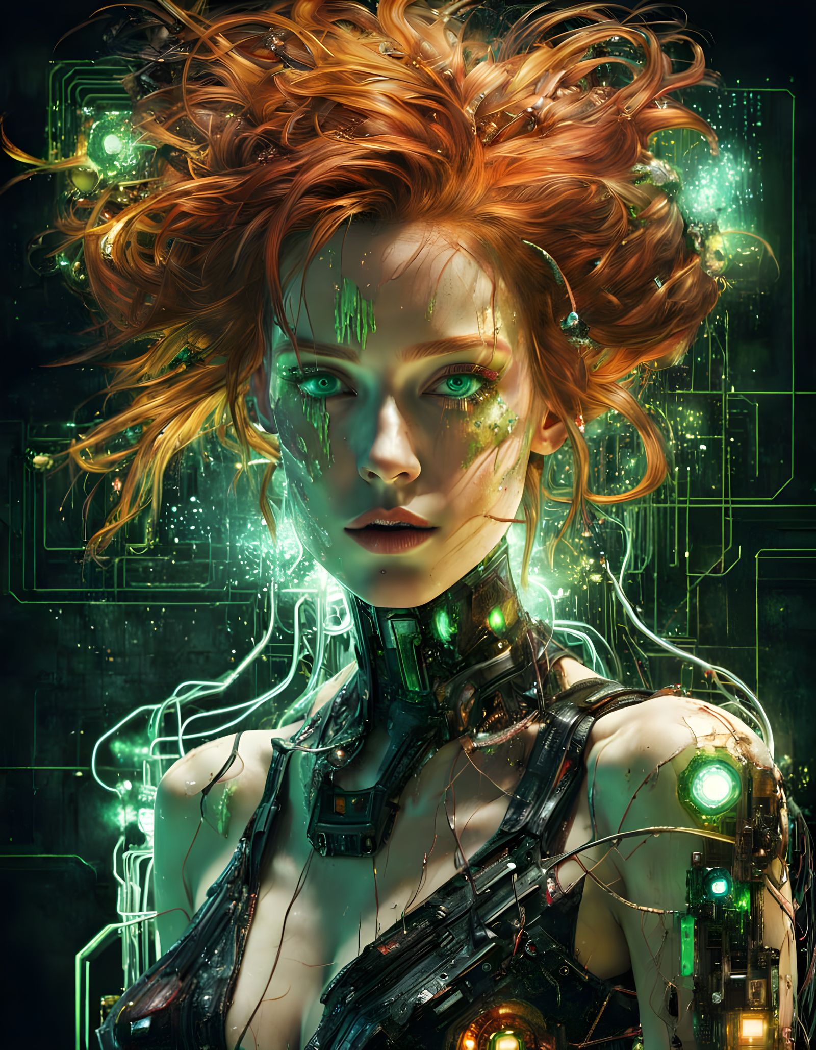 Glowing Emerald Eyes Amidst Prismatic Circuitry