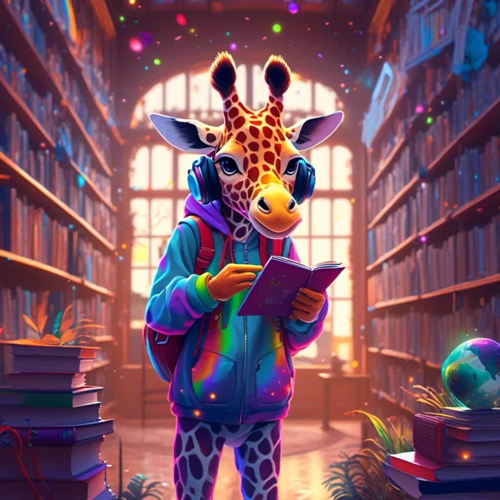 Rainbow Giraffe in Library: Anime Style Illustration