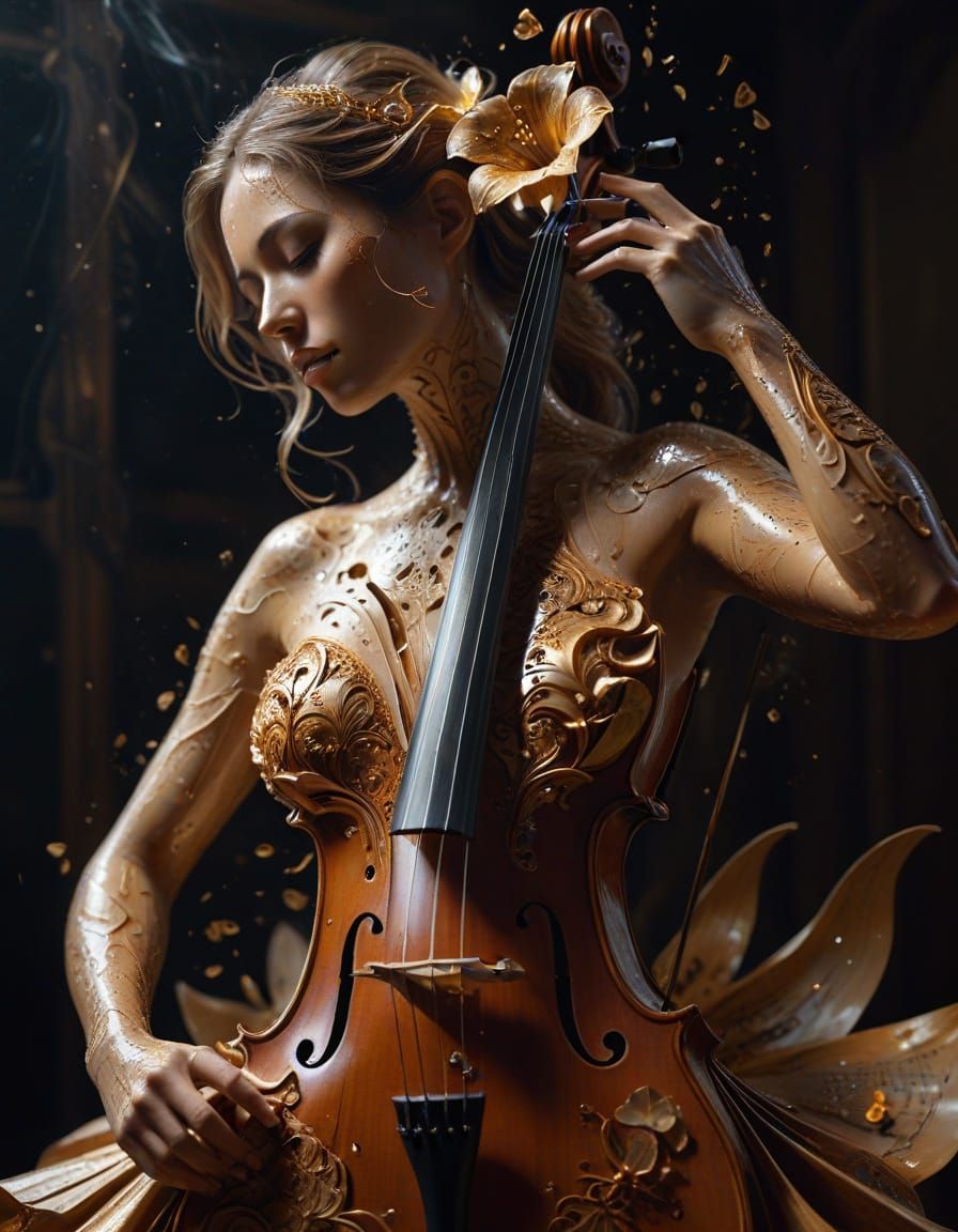 Surreal Woman Emerges From Cello in Chiaroscuro