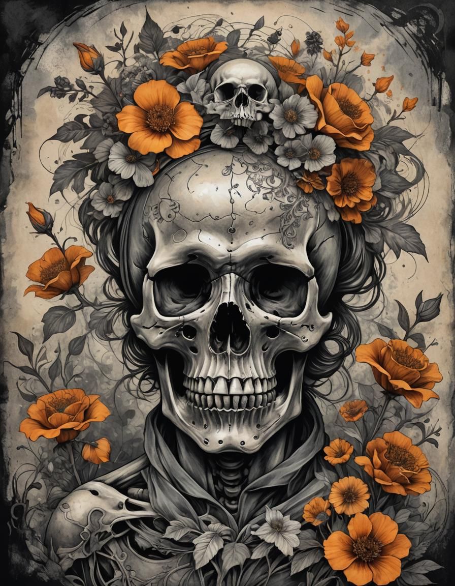 Goth Skull Vector Portrait in Mixed Media Style