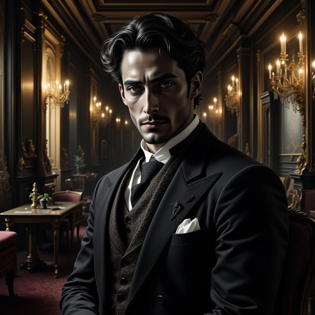 <lora:B-n-W Flux:1.0> <lora:PortraitFlux:1.0> Don Juan, handsome and charming, art noir painting