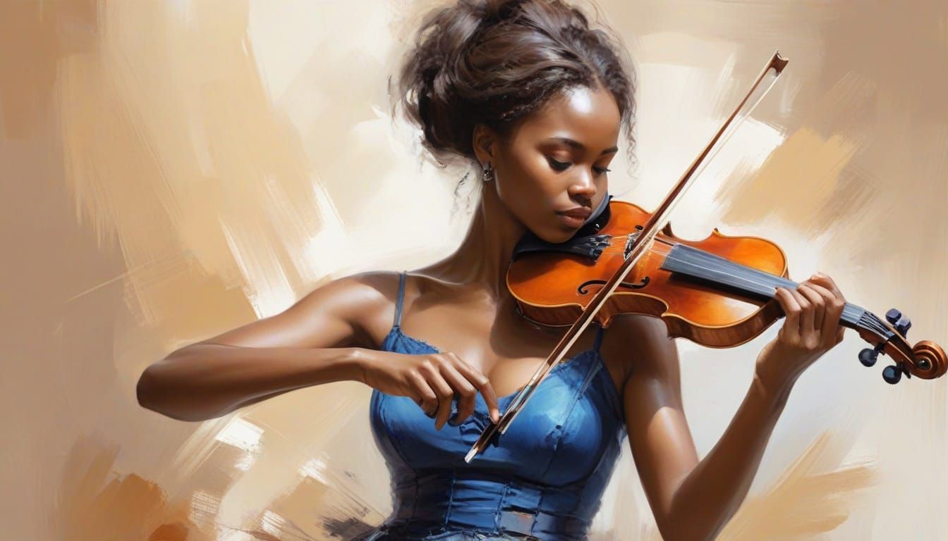 African Woman Concentrated Violinist in Intense Musical Mome...