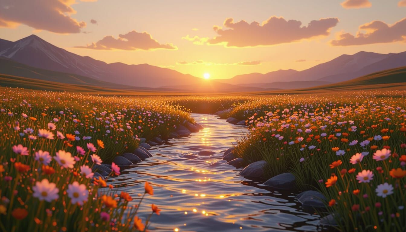 Sunset Over Wildflower Meadow: Fantasy Matte Painting