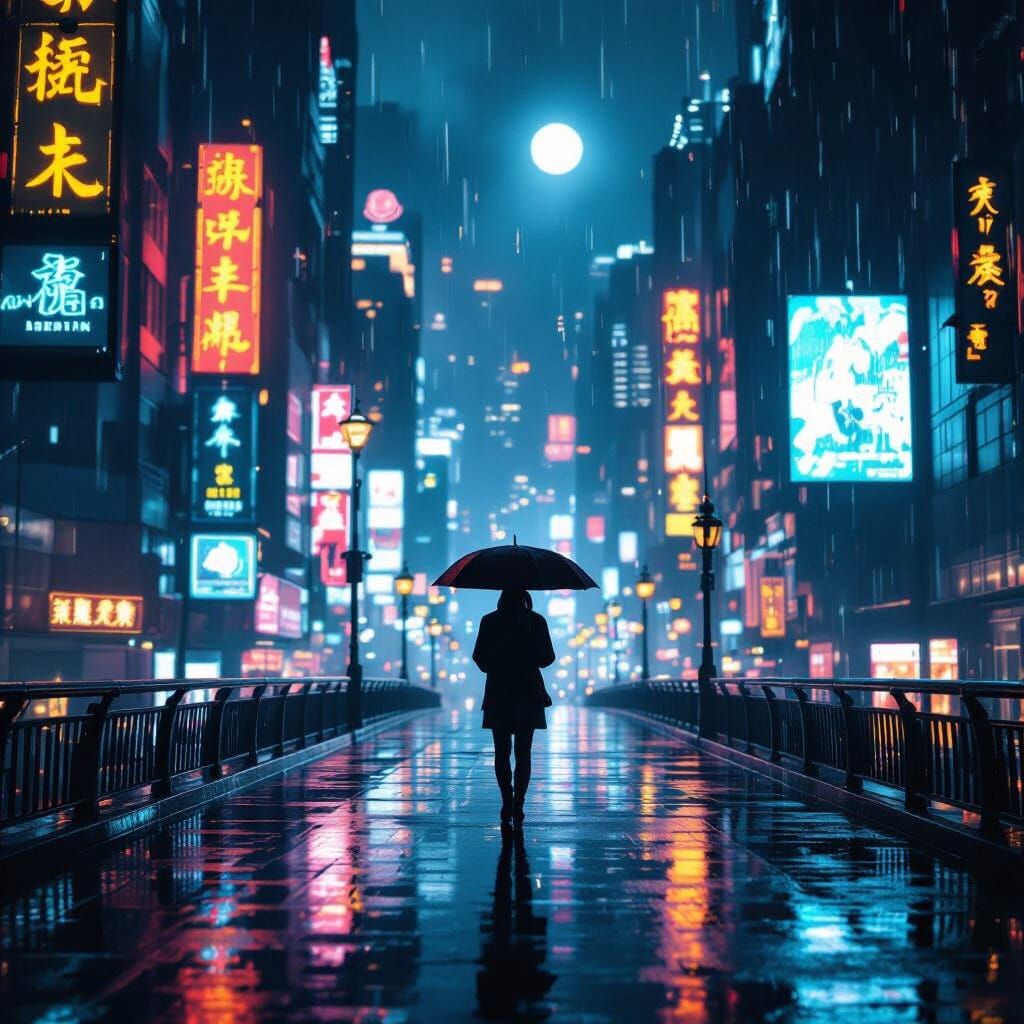 Cyberpunk Cityscape: Solitary Figure on Rainy Bridge