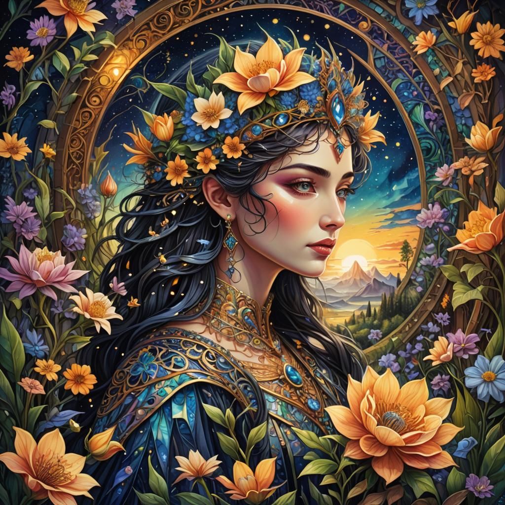 Queen of the Night Flower: Ornate Cubist Painting