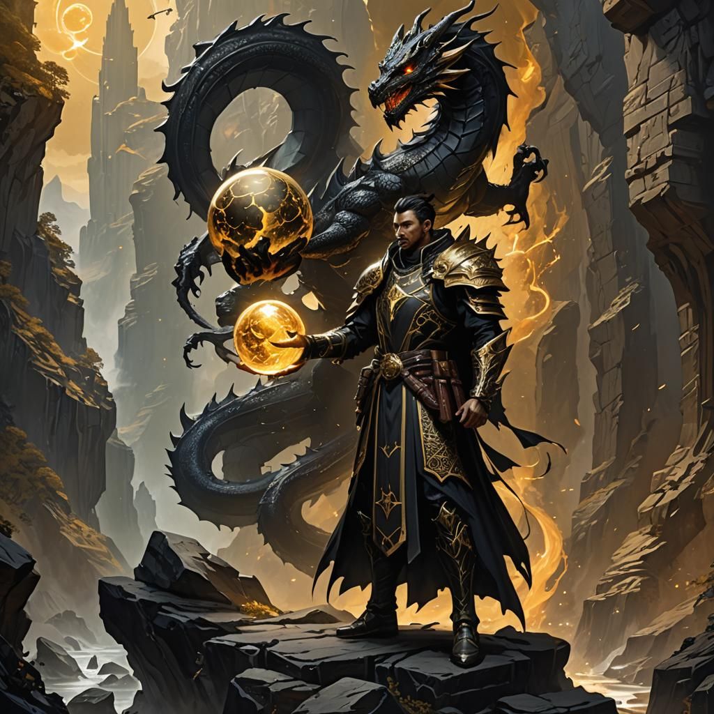 Black Star Dragon and Mage in Dark Fantasy Art