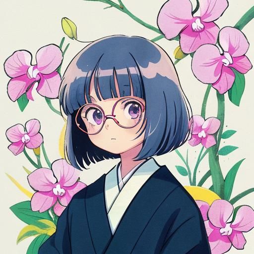 Anime Style Woman with Orchid in Hair