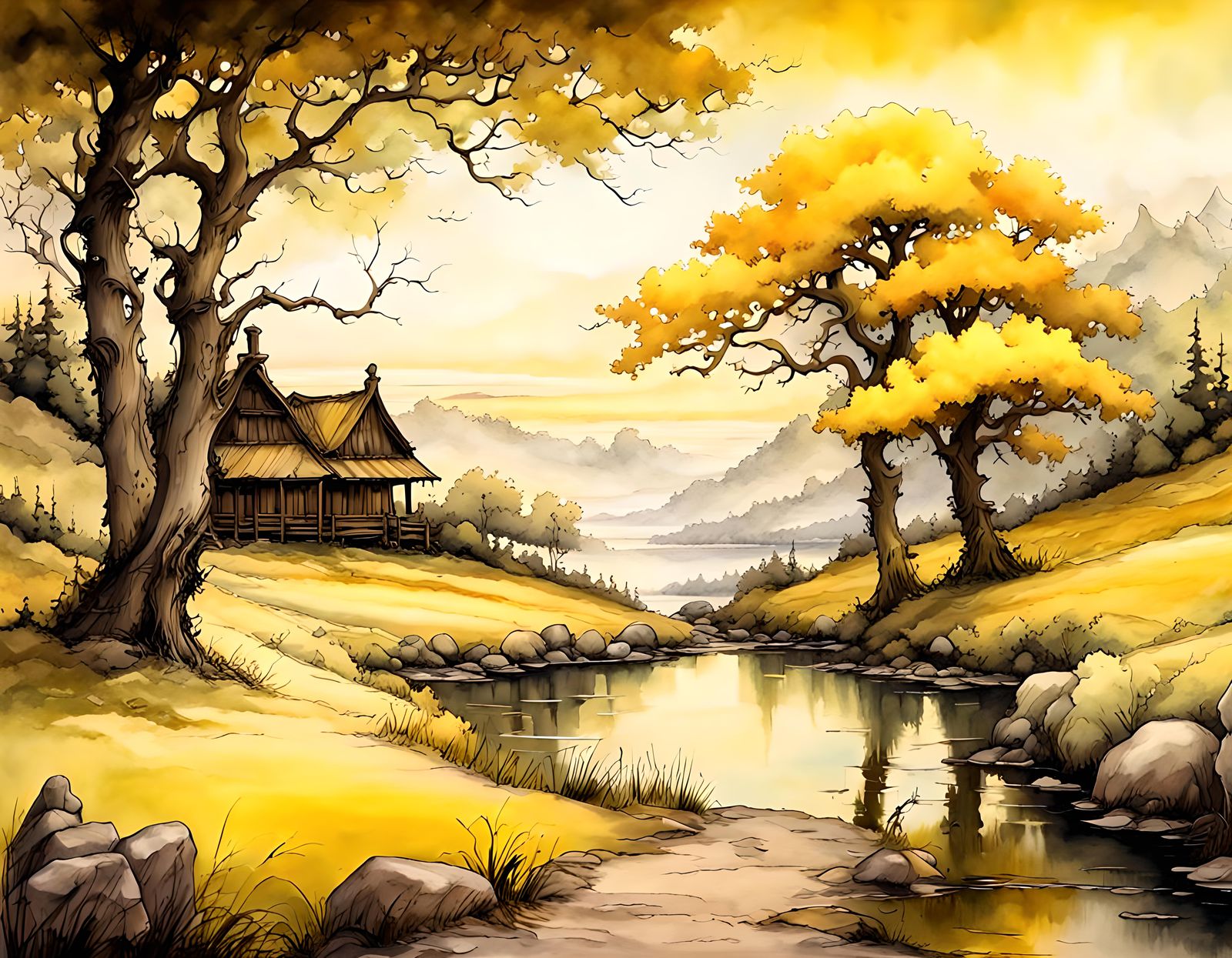 A beautiful landscape scene, palette very very dark yellow, ...