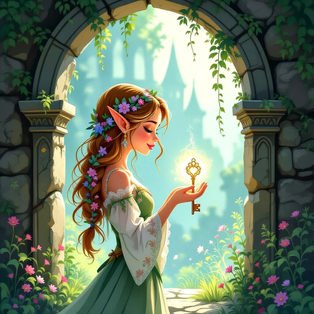 Elf Maiden with Glowing Key in Ancient Ruins