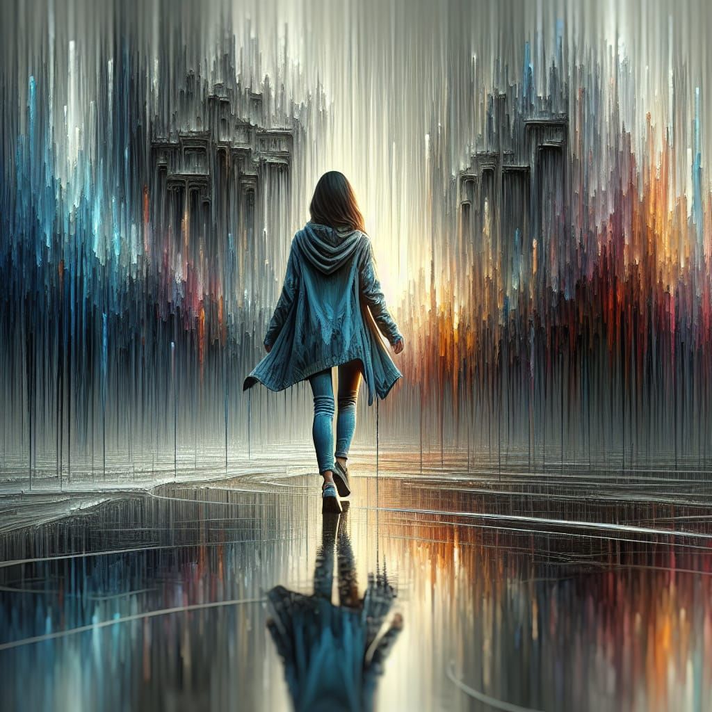 Woman in Azure Jacket Walking in Rainy City