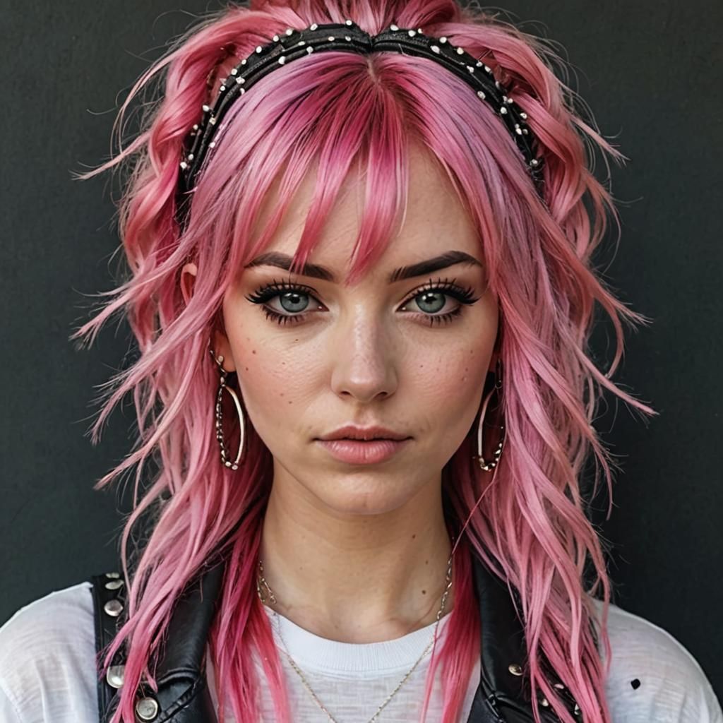 Punk Girl with Pink Hair and Tinsel Extensions
