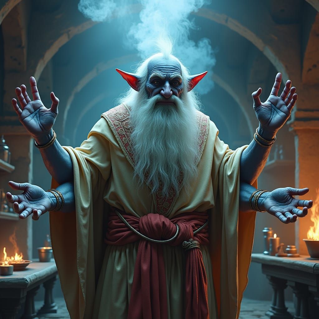Blue-Skinned Alchemist in Mystical Laboratory