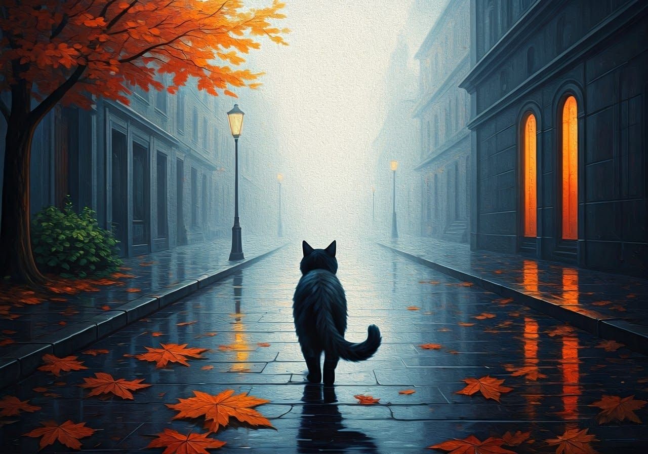 Black Cat in Foggy City, a Surreal Oil Painting