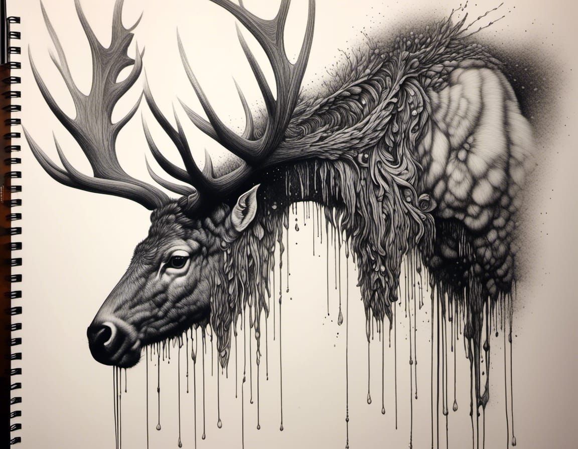 Reindeer in Snow: Detailed Charcoal Drawing