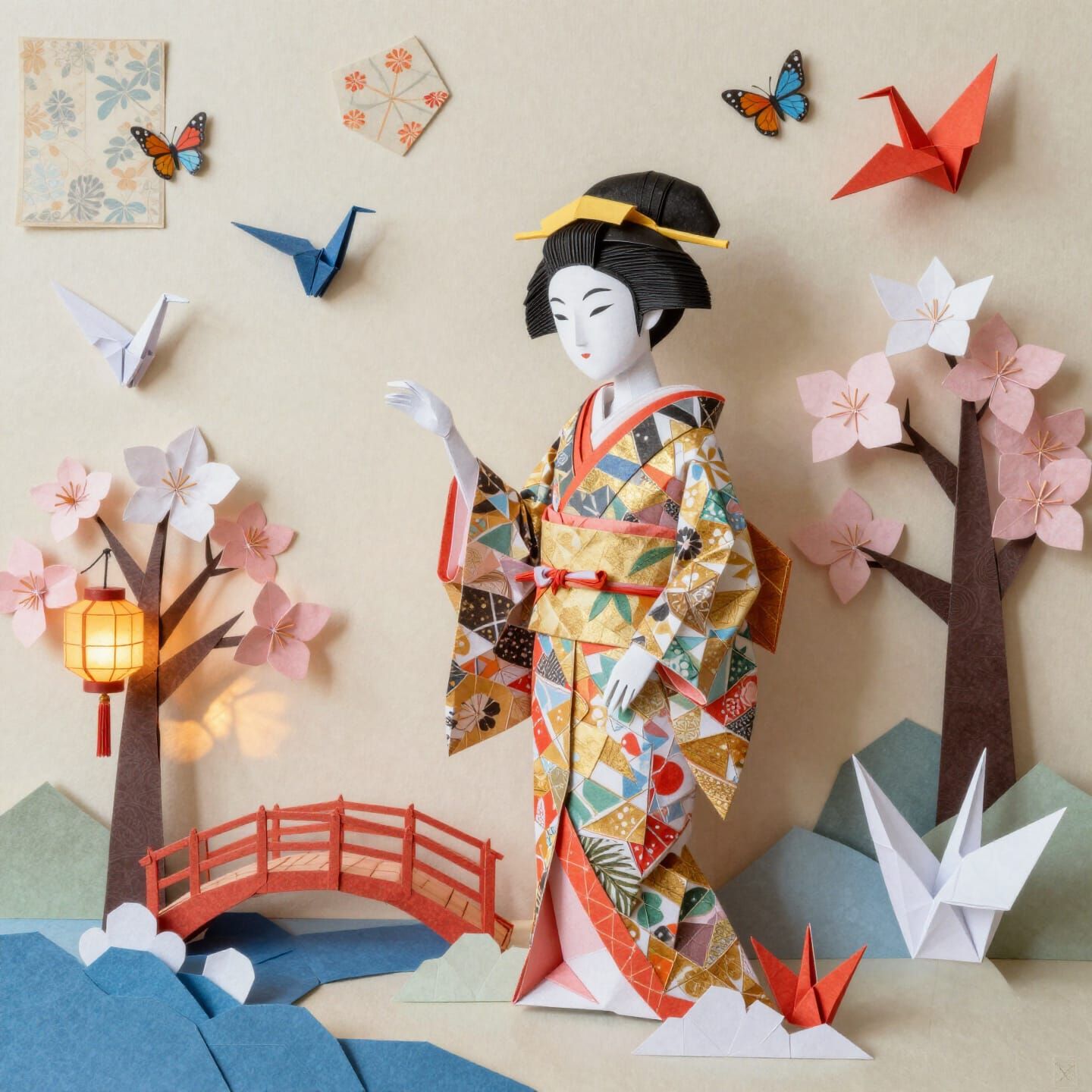 Whimsical Origami Geisha World Mixed Media Painting