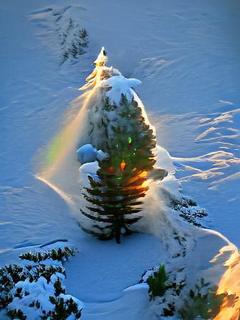Christmas Tree Glowing in Snowy Morning Light