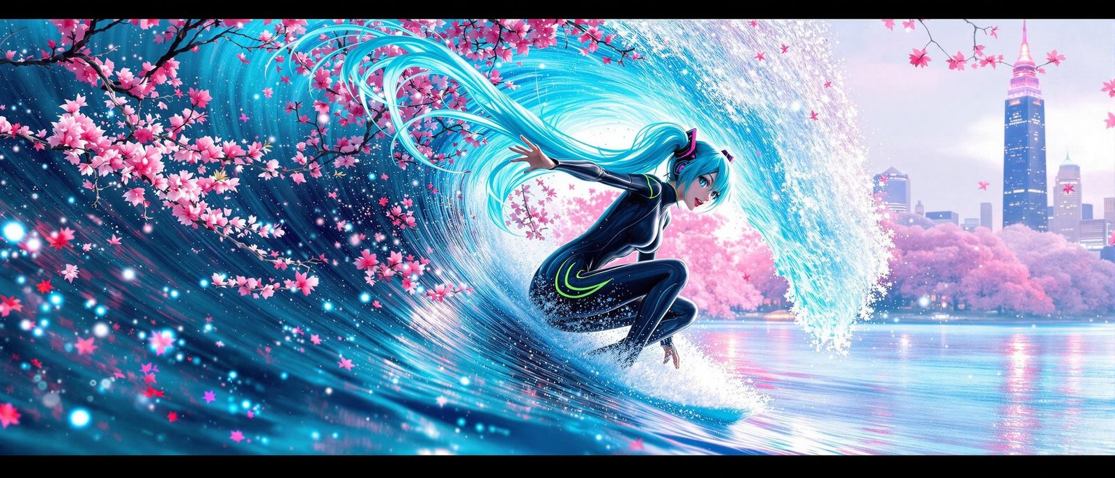 Vocaloid Idol Rides Neon Wave in Futuristic Cherry Blossom L...