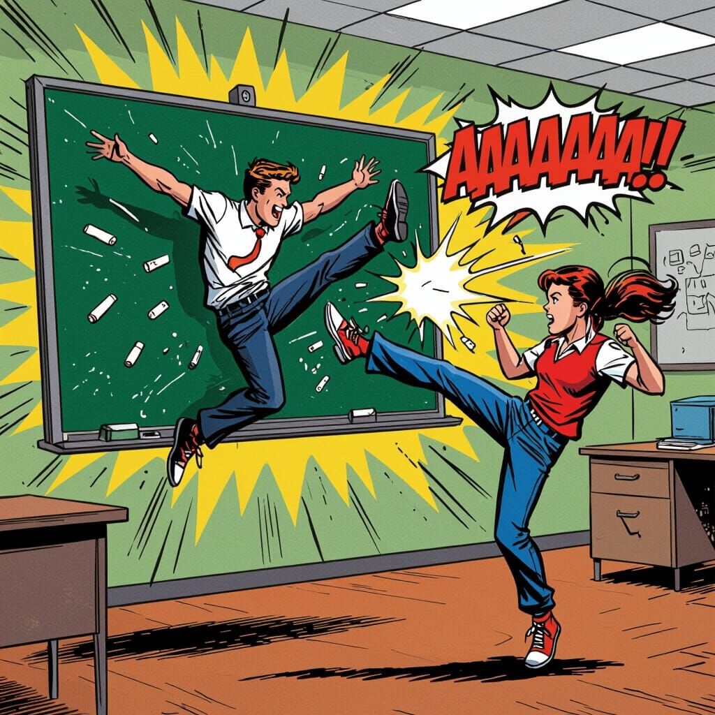 Action Comic Scene: Teacher Backflips, Chalk Flies