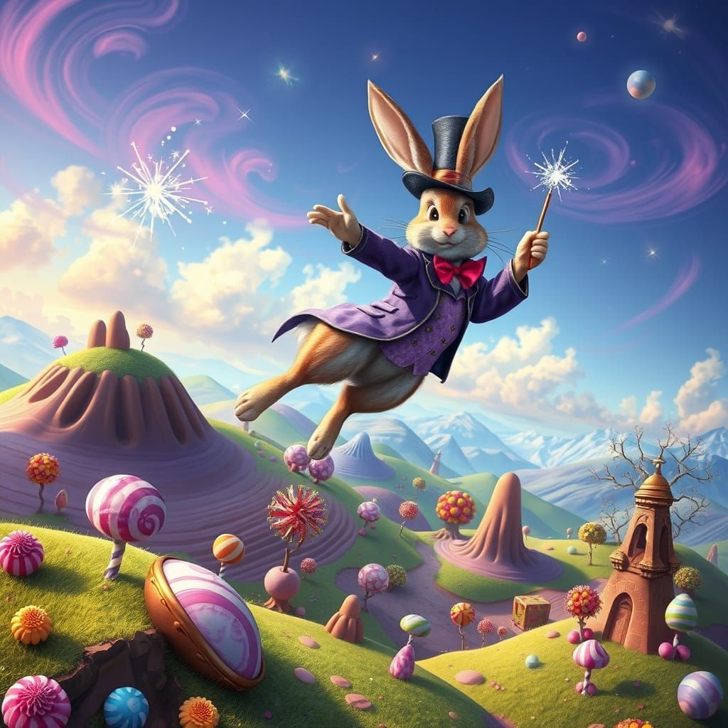 Surreal Easter Bunny Soars Above Whimsical Chocolate Wonderl...