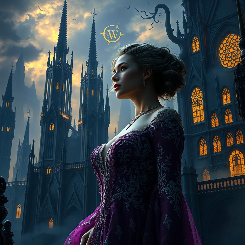 Elegant Woman in Gothic Cityscape: Dark Fantasy Art