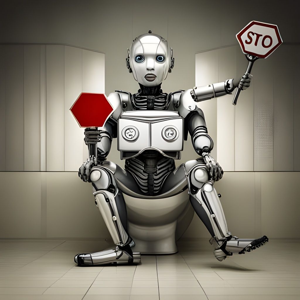 Futuristic Robot Holding Stop Sign in Bathroom
