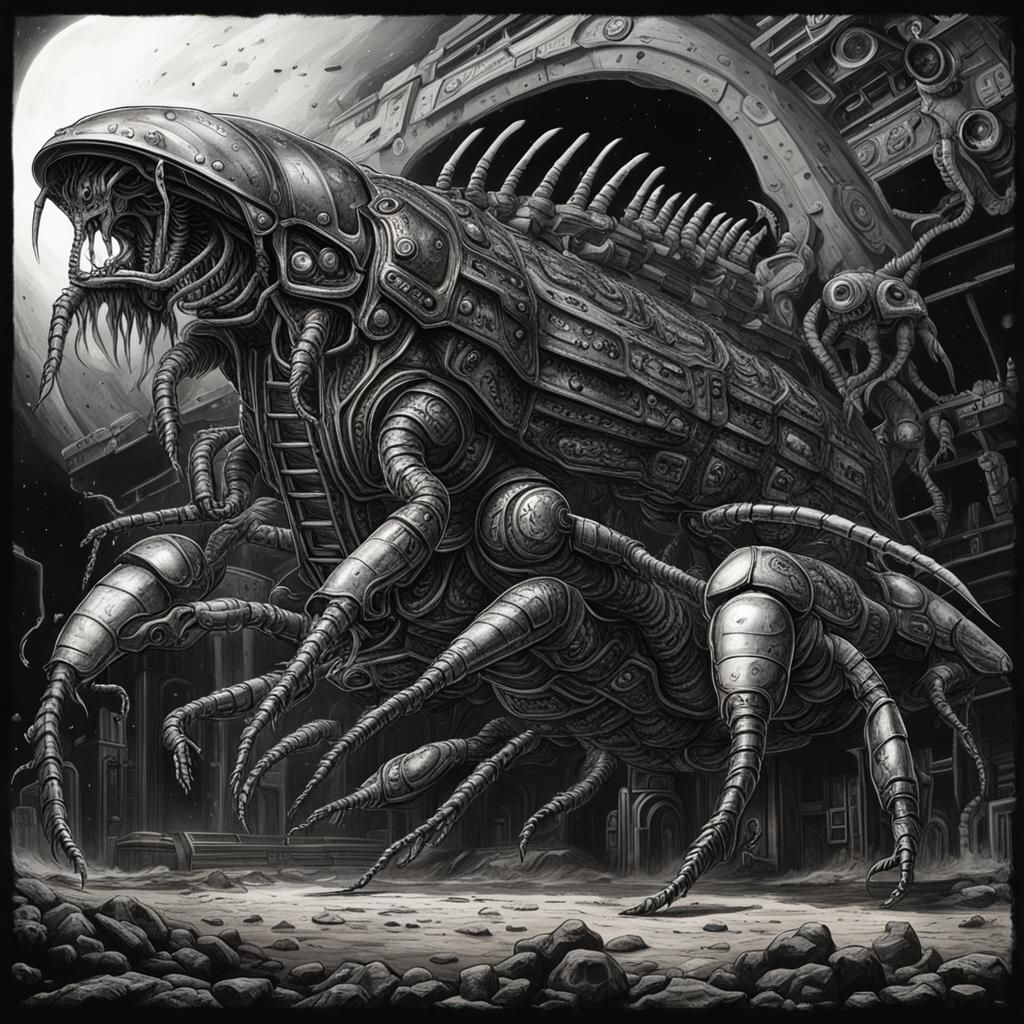 demonic cyborg cockroach hydra centaur, exploding space station, h.r. giger style