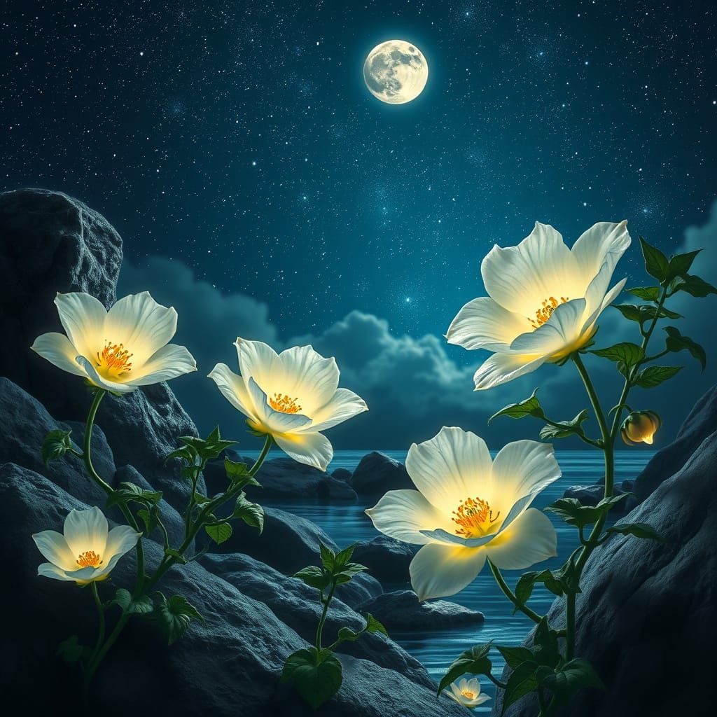 Surreal Moonlit Scene with Blooming Moonflowers