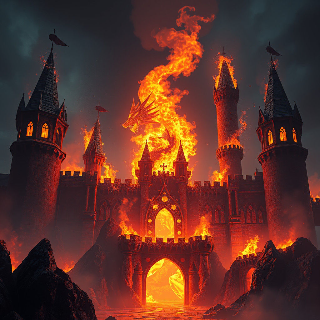 Dragon-Shaped Fire Engulfs Castle: Detailed Matte Painting