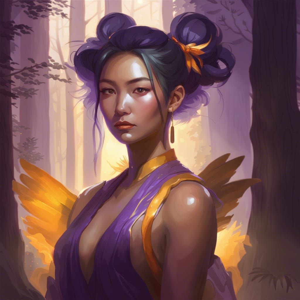 Asian Angel in Misty Forest, Art Nouveau Style