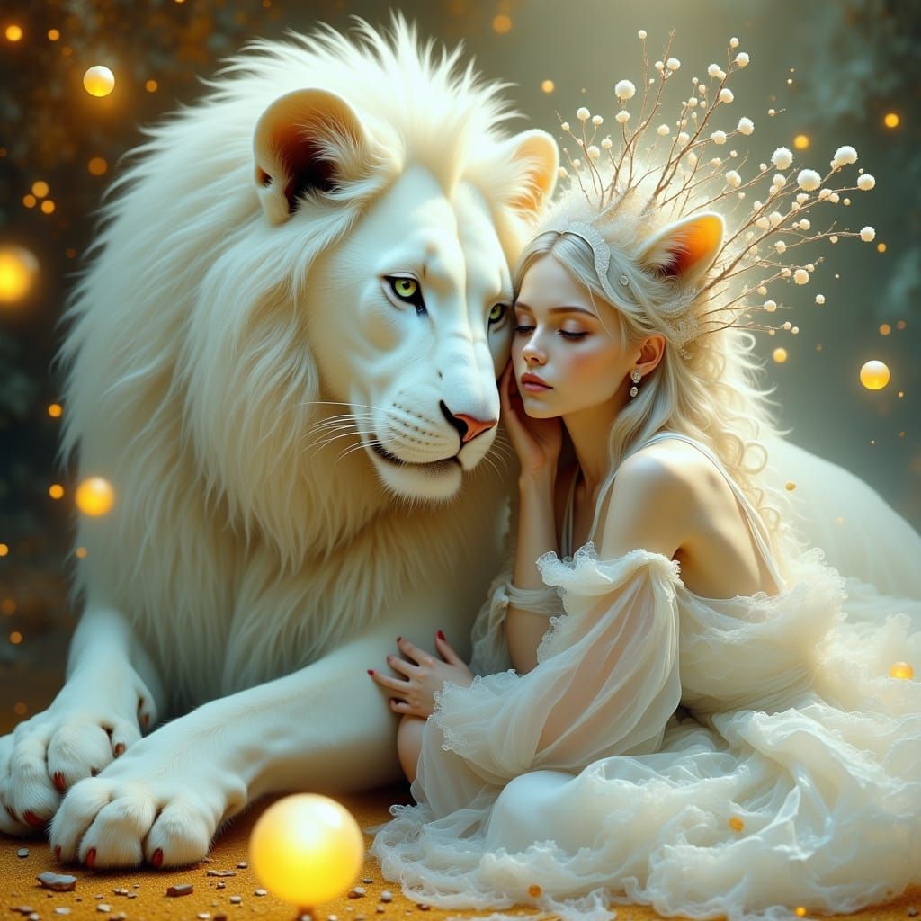Surreal White Lioness with Goddess in Ethereal Landscape