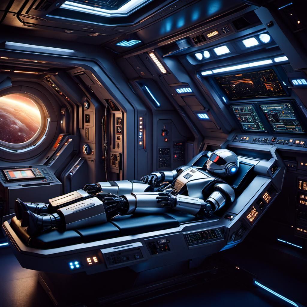 Robot Dreams in Spaceship Interior, Photorealistic Art