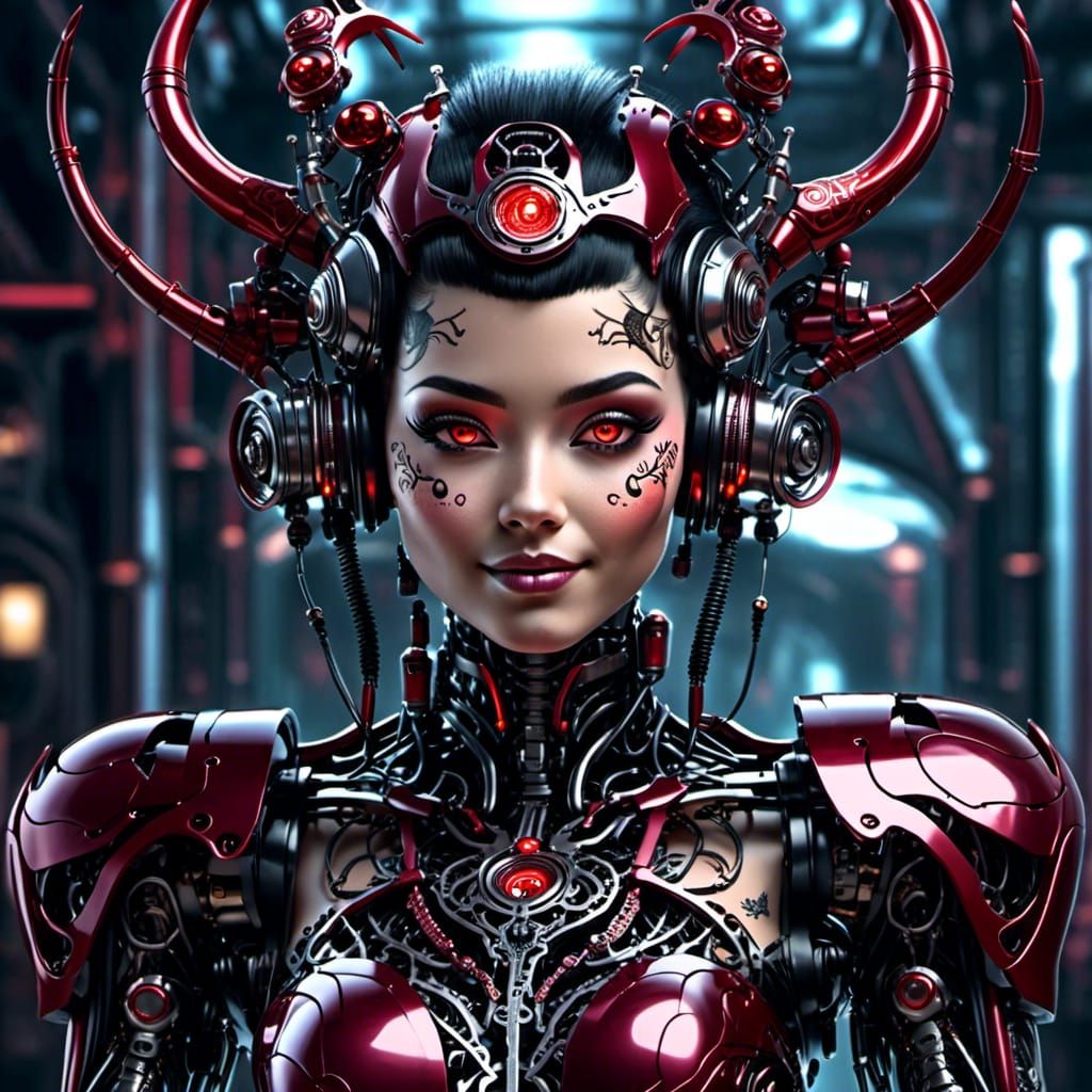 Cyberpunk Woman with Metal Antlers in HDR