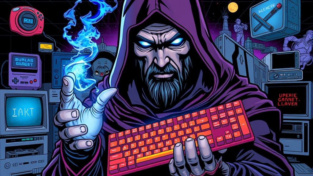 Faceless Sorcerer with Glowing Eyes and Magic Keyboard