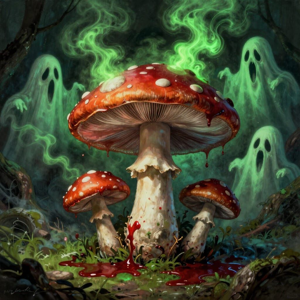 Horror Mushroom with Bloody Pools and Ghosts in Gustave Doré...