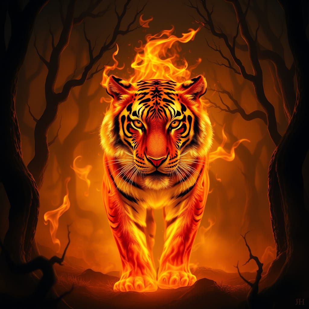 Surreal Tiger Ignites Dark Forest in Golden Light