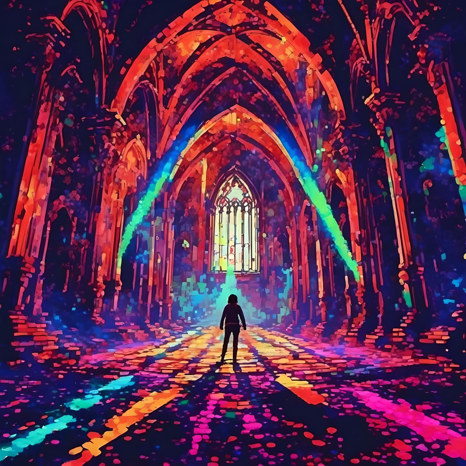 Psychedelic Pixel Rave in Old Church, Watercolour Style