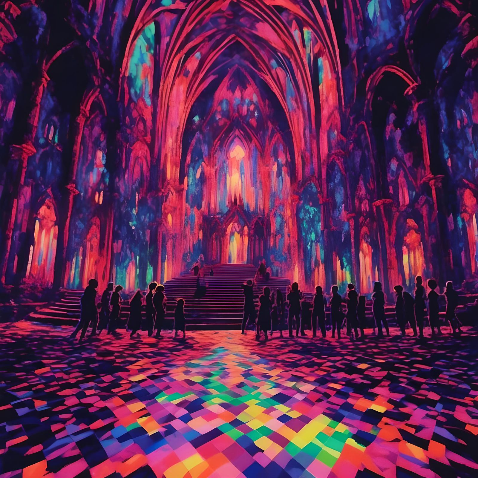 Psychedelic Rave at Old Church in Watercolour Style