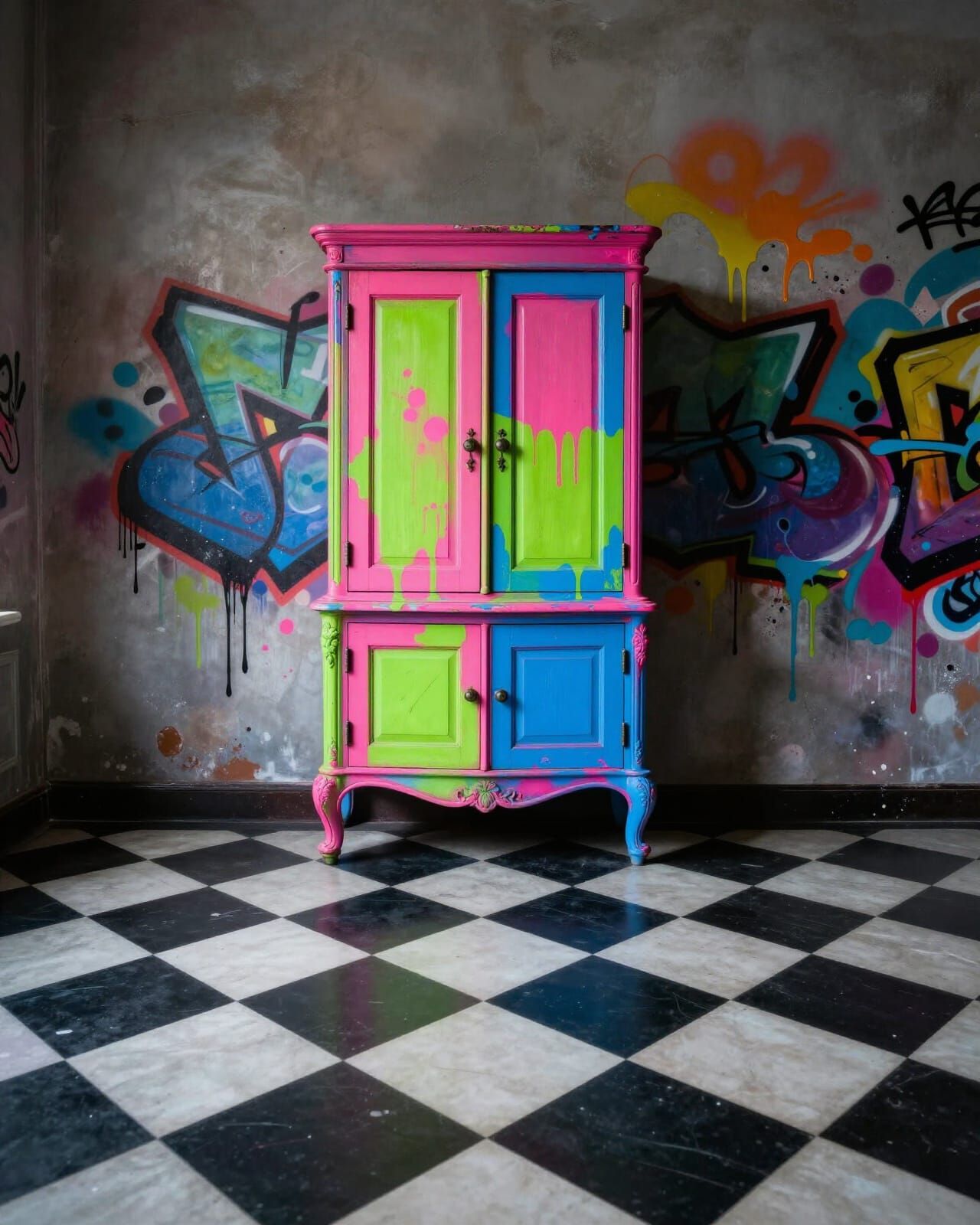 Fluorescent Cabinet in Classical Room, Graffiti Art Style
