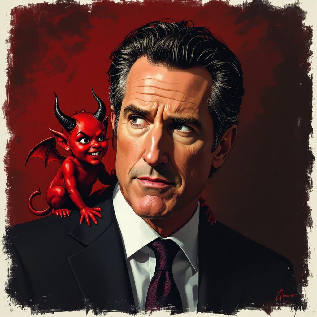 Gavin Newsom With Devil Whispering Secrets in Chiaroscuro St...