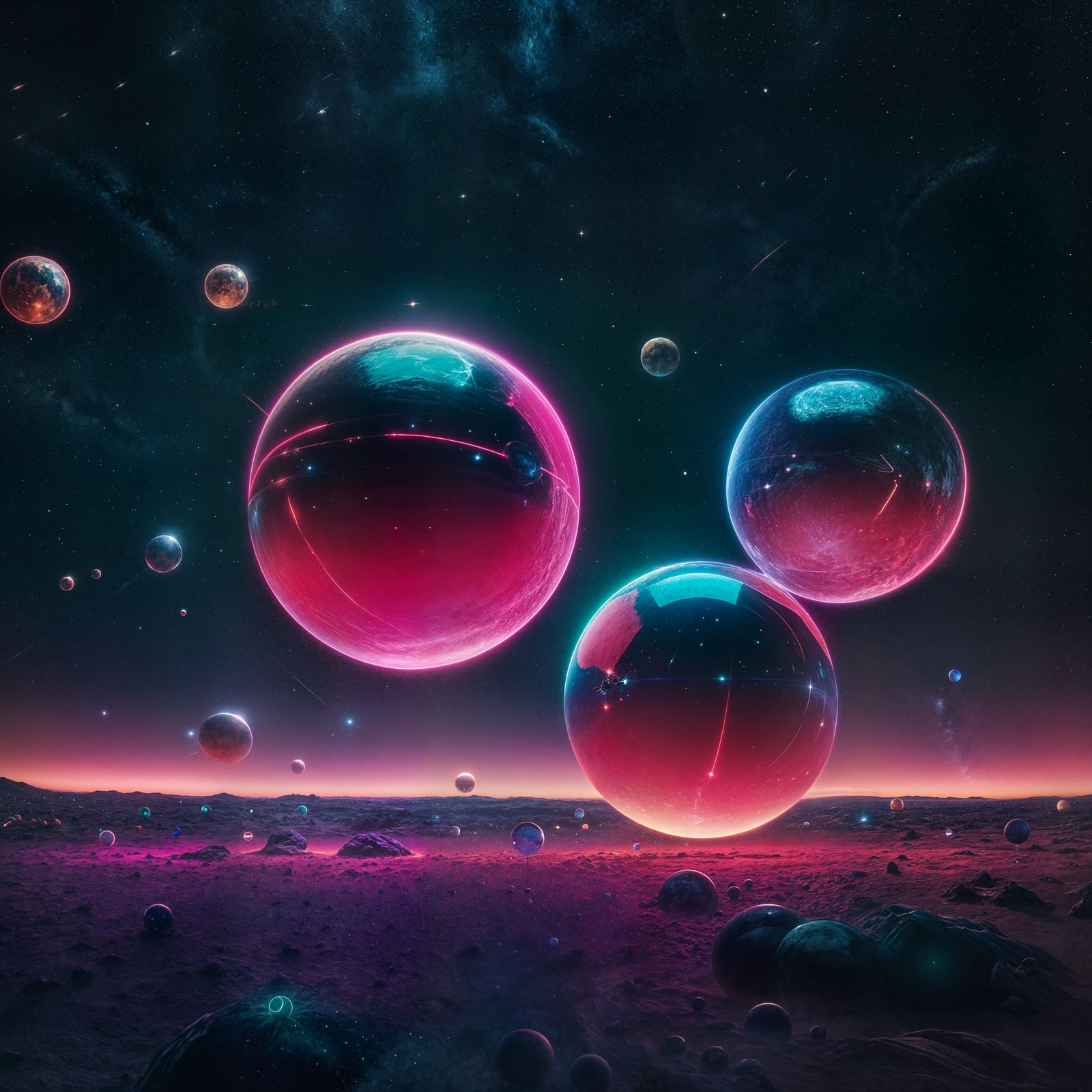 Incredibly Brilliant neon spheres floating in space. Very bright against a star filled sky. Cinematic film still, shot o...
