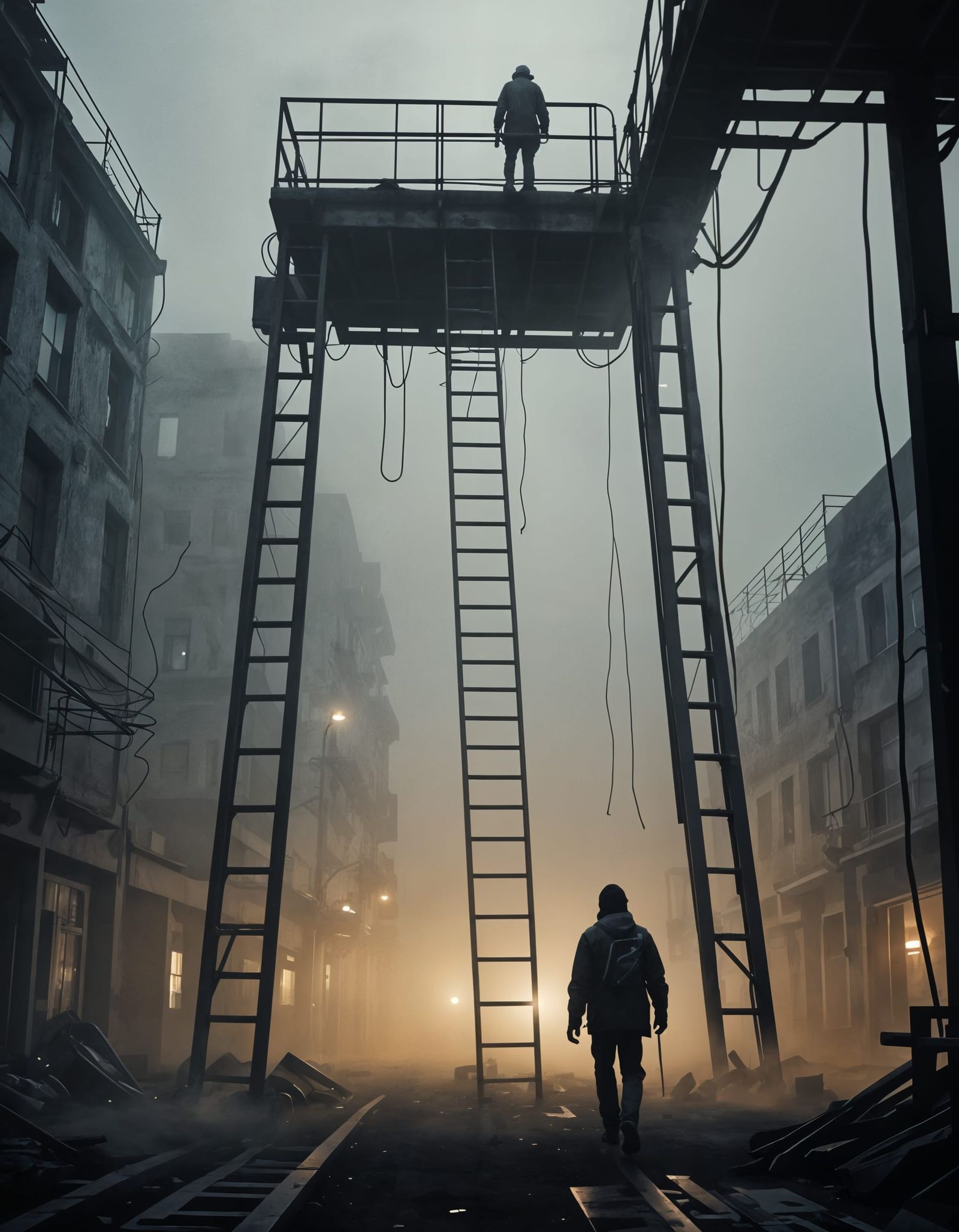 Gloomy Illustration of Superstition: Walking Under Ladder