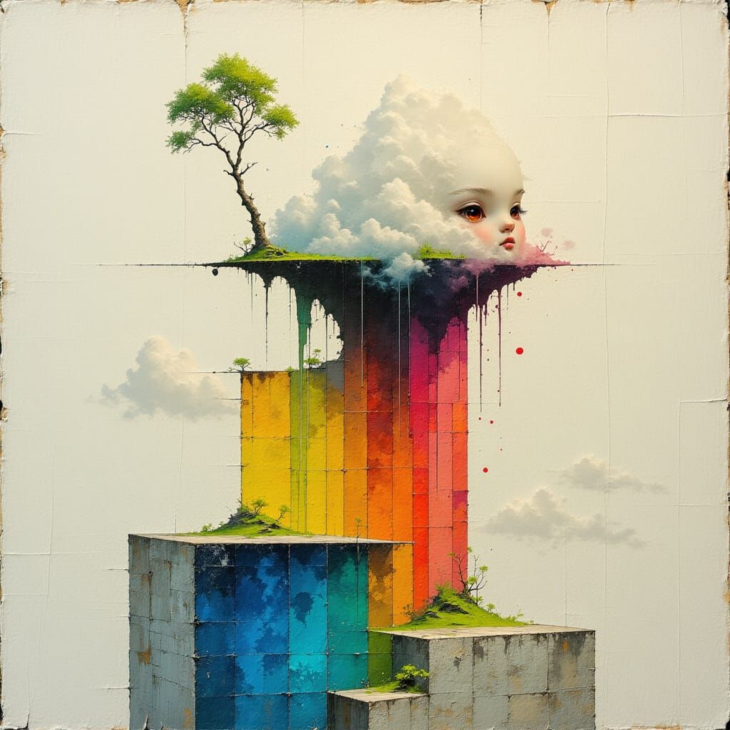 Giant Fluffball Amidst Rainbow Waterfall in Double Exposure ...