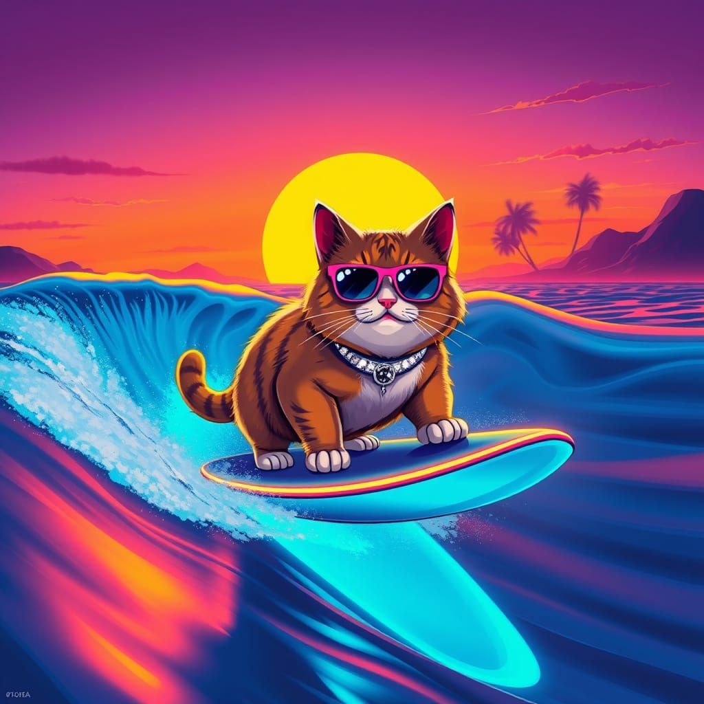Retro Futuristic Cat Surfs Electric Blue Wave