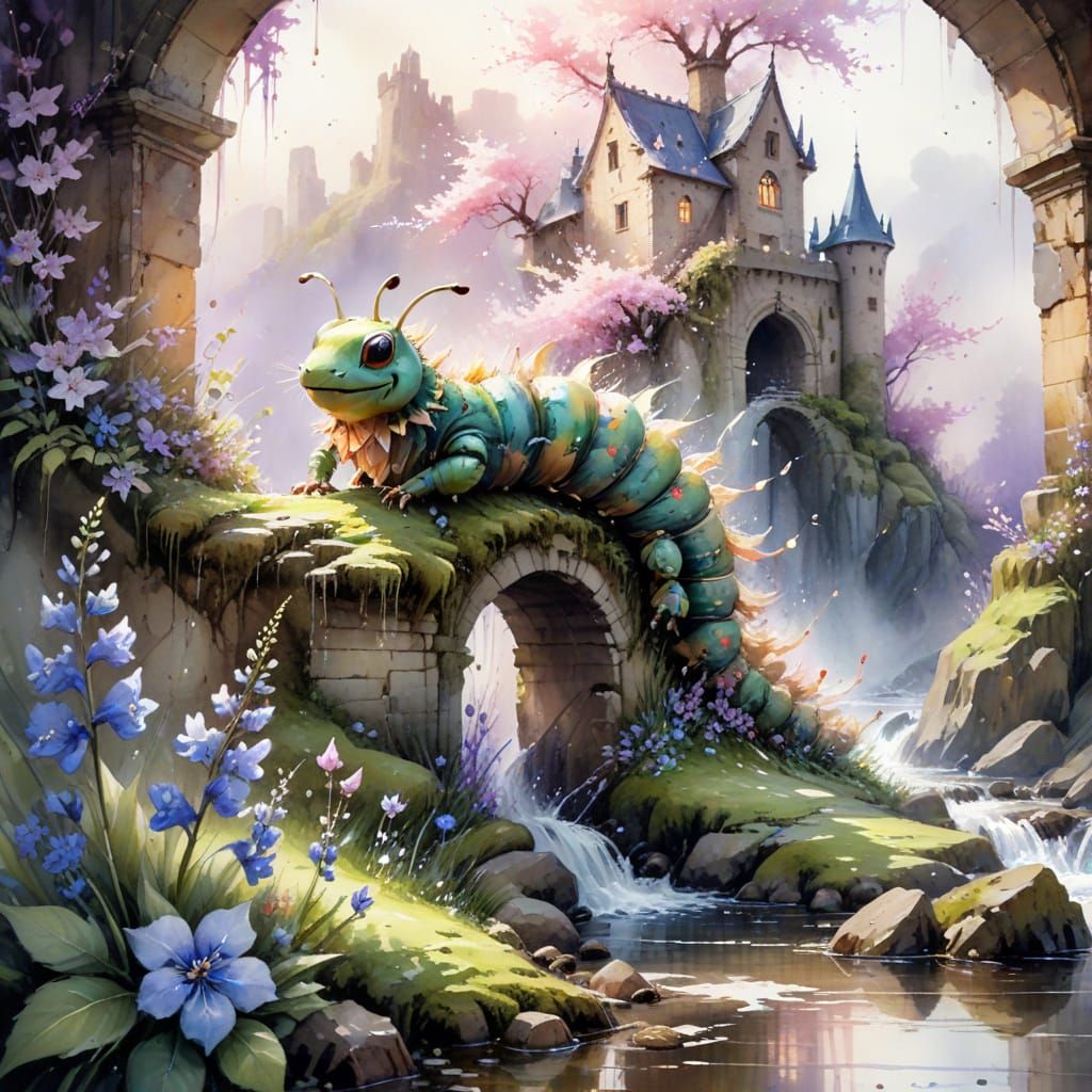 Excited Caterpillar in Watercolor by Castle Ruins