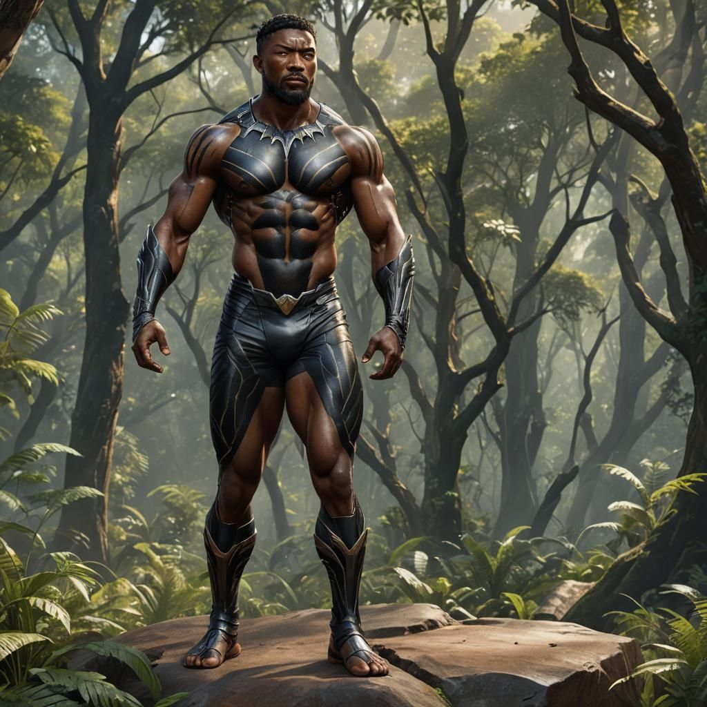 Hyperrealistic Black Tiger-Man in Wakanda Forest