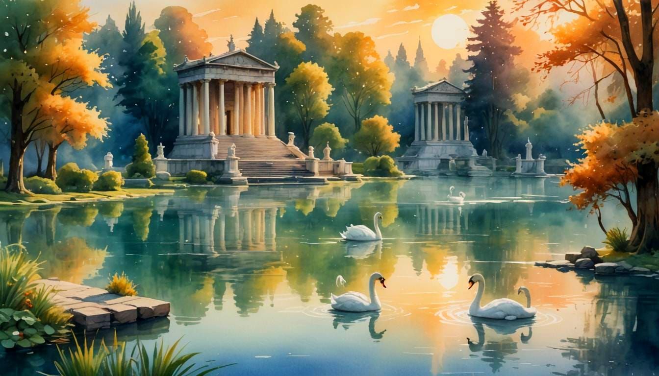 Idyllic Seaside Park with Roman Temple, Digital Art