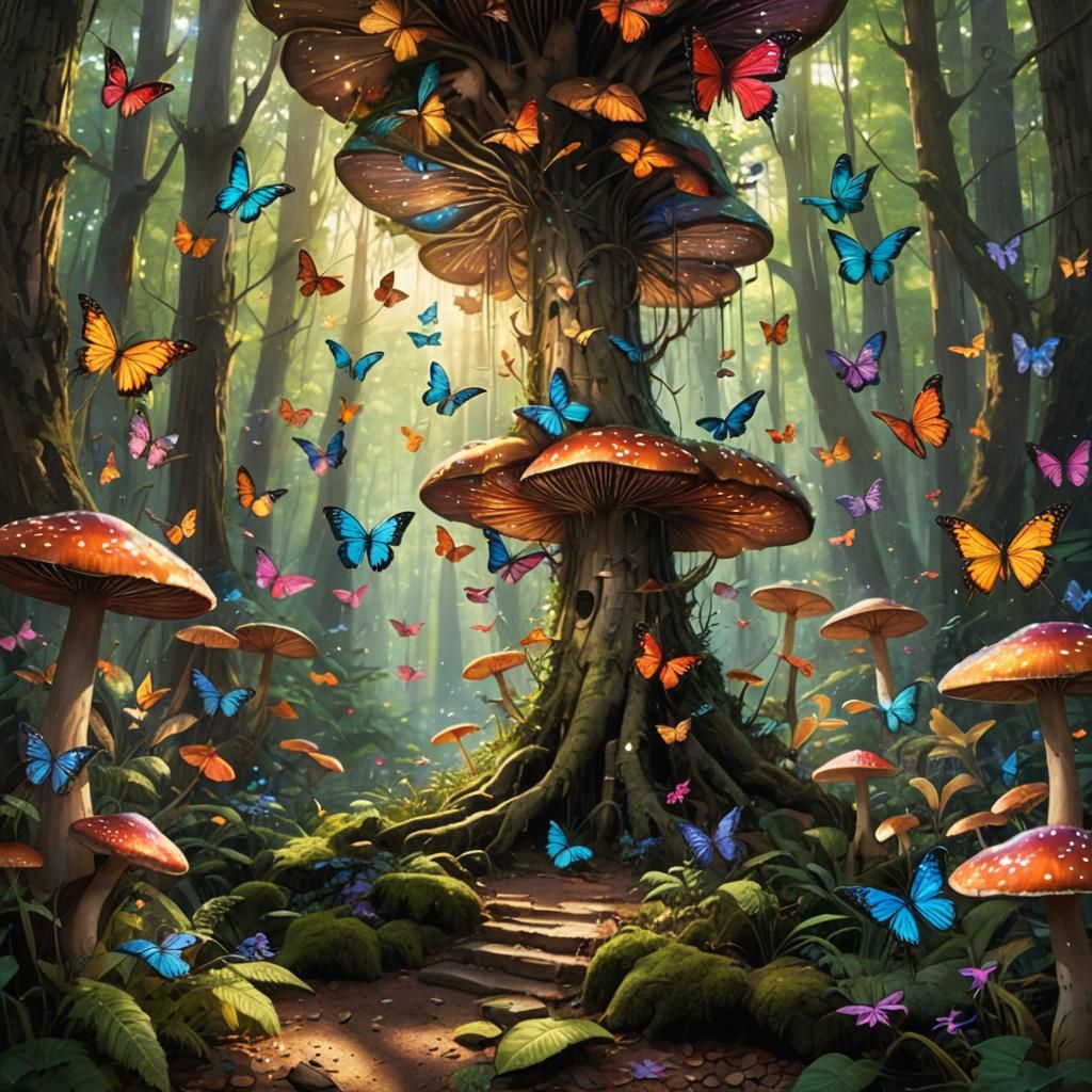 Enchanted Mushroom Forest with Butterflies, Fantasy Art