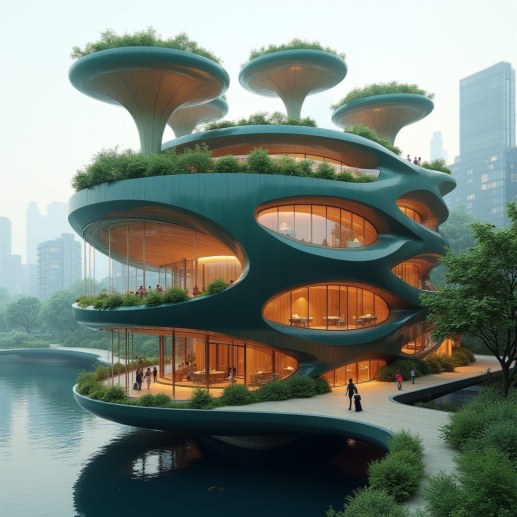 Elegant Futuristic Flower-Shaped Building in Cyberpunk Style