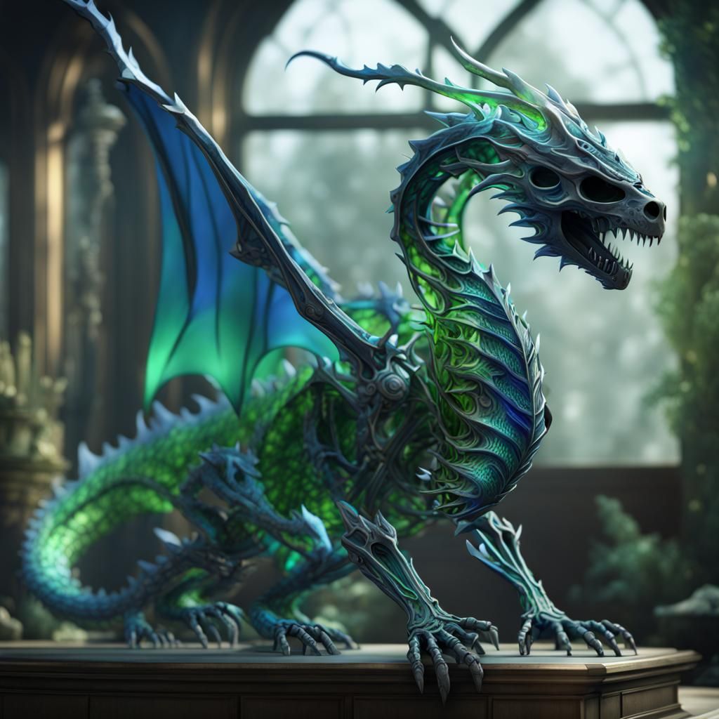 green and blue glass skeleton dragon
