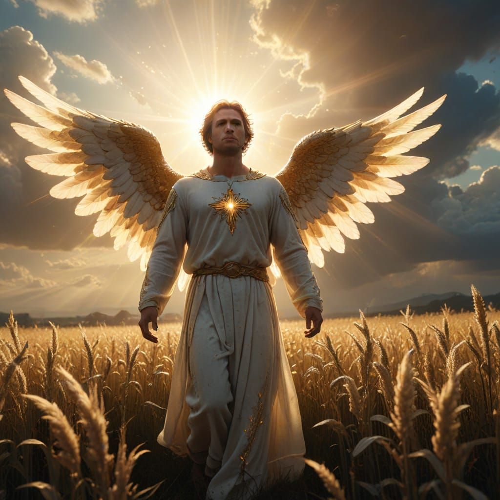Angel Appears to Man in Golden Hour Field